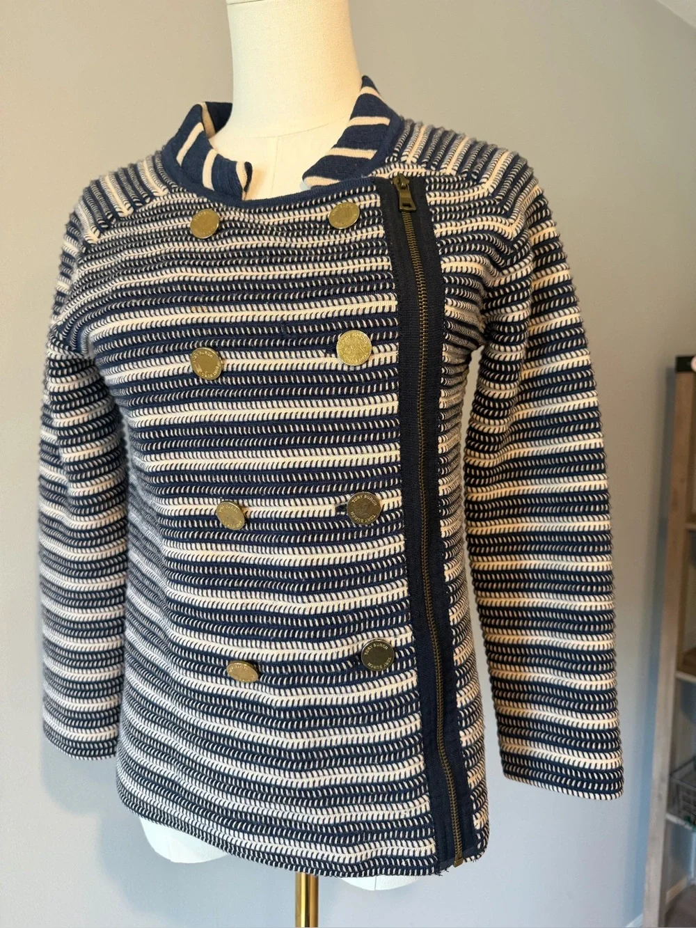 Tory Burch Navy and Cream Merino Wool Striped Knit Double-Breasted Jacket